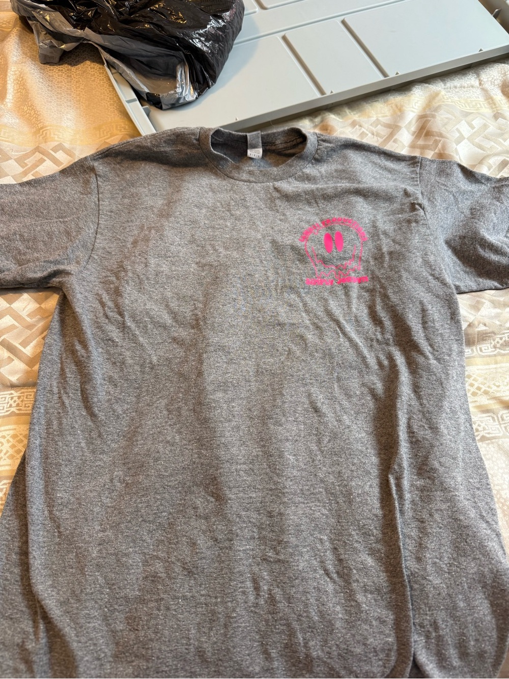 Heather Gray Tee with Neon Pink Smiley Chest Graphic